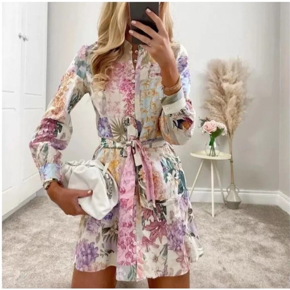 Zara Bloggers Favorite Floral Parrot Tapestry Linen Button Up Dress M *Flaw EUC